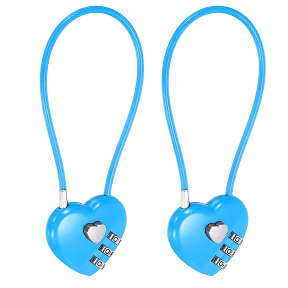 Heart Shaped Combo Padlock, 3 Digit Combination Lock for Luggage Lockers, Cruise Travel and Vacation, Blue, 2 Pack