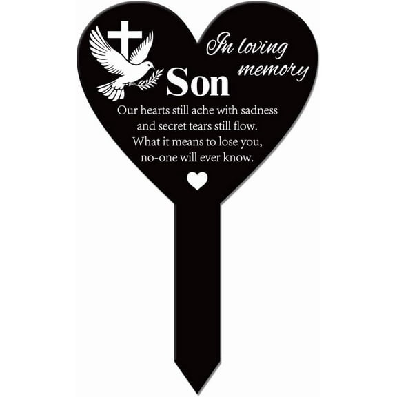 Heart Shaped Commemorative Son Garden Stake Peace Dove Memorial Remembrance Plaque for Cemetery Acrylic Grave Stake Waterproof Blessing Garden Plaque for Yard Grave Cemetery