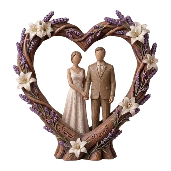 Heart Shaped Couple Sculpture Figurine Resin Tabletop Decor Romantic Pair Statue with Floral Vine Frame for Home Display