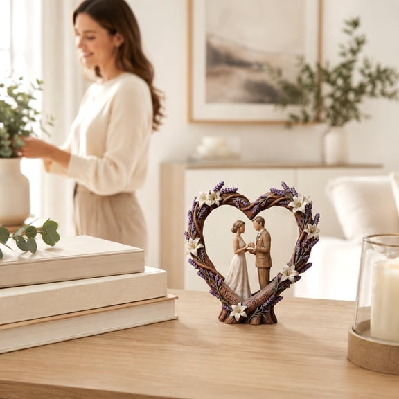 Heart Shaped Couple Sculpture, Resin Bride & Groom Figurine with White Flowers, Romantic Wedding Gift, Anniversary Present, Valentine's Day Decor, Home Shelf Ornament, Bridal Shower Favor