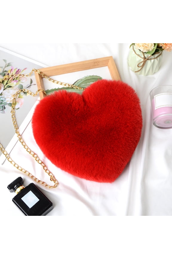 Heart Shaped Crossbody Bag Cute Fuzzy Purse with Chain Strap Zipper Closure Soft Faux Design Fashion Shoulder Handbag for Women Girls Parties Travel Daily Outfits Valentine Gift Use