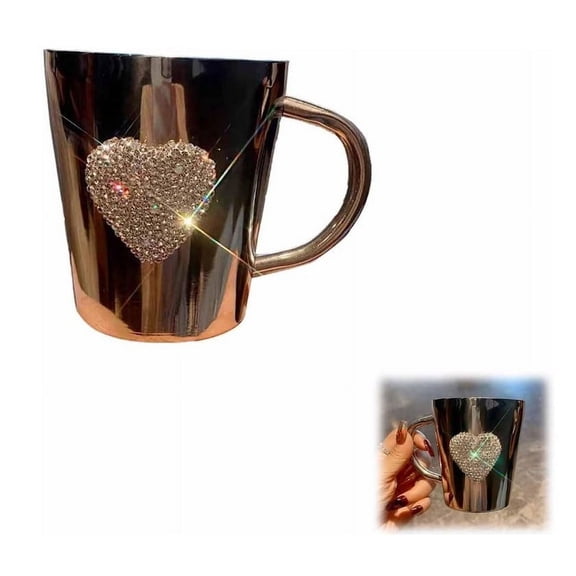 Heart-Shaped Crystal Rhinestone Stainless Steel Coffee Mug, Small Camping Mug with Handle, Durable Reuseable Mug Cup for Water, Iced Coffee, Milk, Tea, Juice