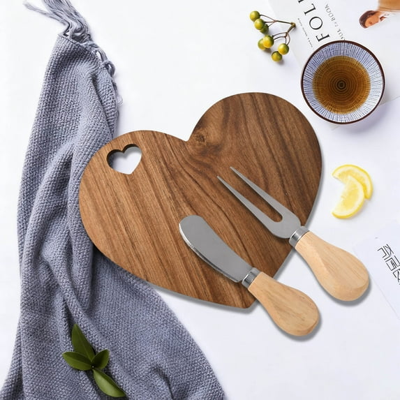 Heart Shaped Cutting Board Wooden Serving Tray with Knife Fork Set, Natural Wood Cheese Board for Charcuterie, Decorative Bread Serving Board for Kitchen Dining Presentation