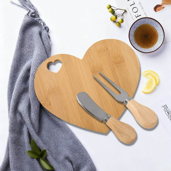 Heart Shaped Cutting Board Wooden Serving Tray with Knife Fork Set, Natural Wood Cheese Board for Charcuterie, Decorative Bread Serving Board for Kitchen Dining Presentation