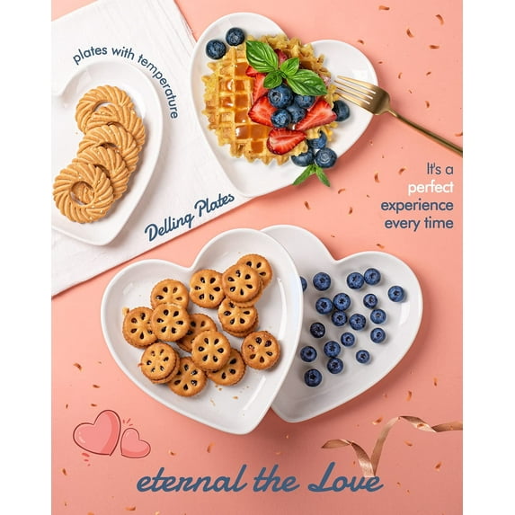 Delling Ceramic Heart Shaped Dessert Salad Plates- 6 pack, 7.3 in White Dinner Plates,for Dessert