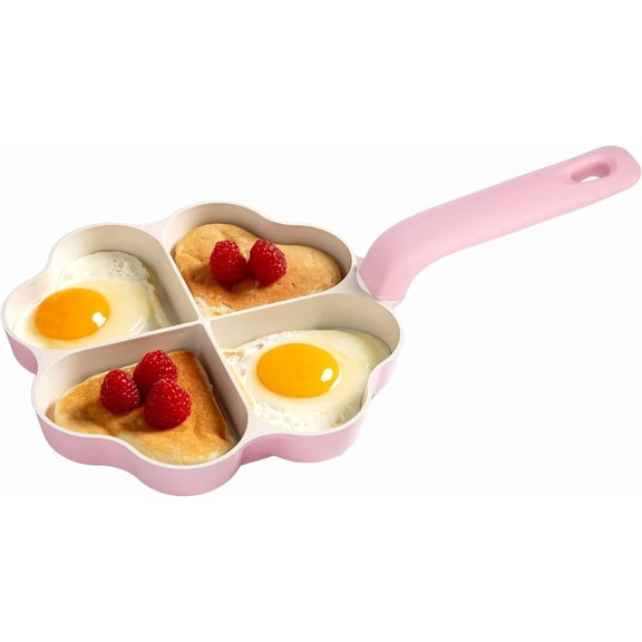 Heart-Shaped Divided Fry Pan, Ceramic Nonstick Frying Pan with Individual Heart Sections, Dishwasher Safe, 8-Inch, Pink