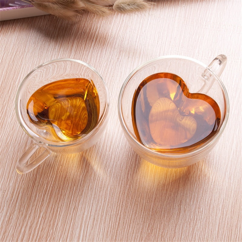 Heart Shaped Double Walled Insulated Glass Coffee Mugs or Tea Cups
