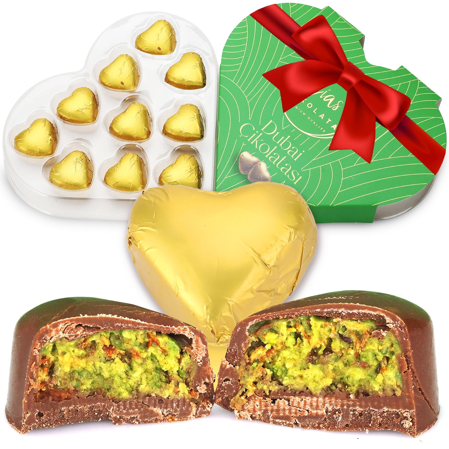 Heart-Shaped Dubai Chocolate With Pistachio Knafeh | 10 Pcs Luxury Chocolate Gift Box | Perfect For Mother's Day & Special Occasions