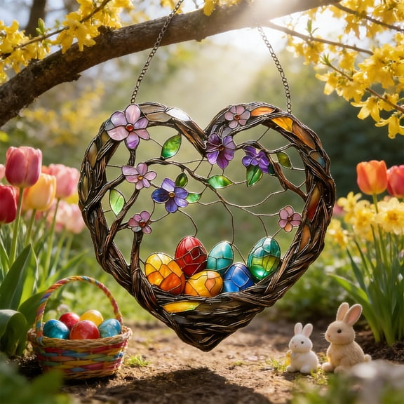 Heart Shaped Easter Egg Ornament, Large Plastic Hanging Wall Decor for Easter Party, Multicolor Holiday Home Decoration Gift