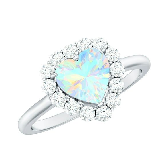 Rosec Jewels Heart Shaped Ethiopian Opal Ring with Diamond Halo - Engagement Ring, 14K White Gold, US 7.50