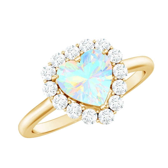 Rosec Jewels Heart Shaped Ethiopian Opal Ring with Diamond Halo - Engagement Ring, 18K Yellow Gold, US 7.00