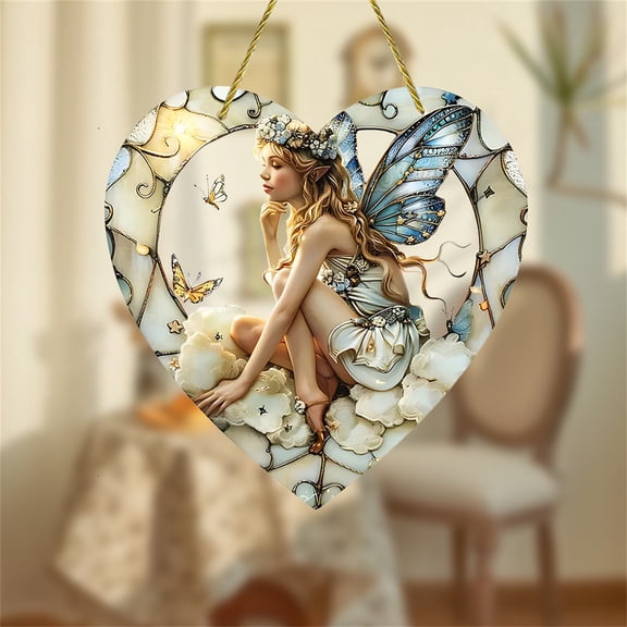 Heart Shaped Fairy Angel Acrylic Hanging Ornament, Stained Glass Style Wall Decor for Home Garden
