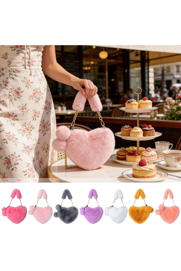 Heart Shaped Faux Fur Crossbody Bag for Women 25x20x11cm Extra Capacity Shoulder Purse with Chain Strap Soft Polyester Purple Gray Pink Yellow Red