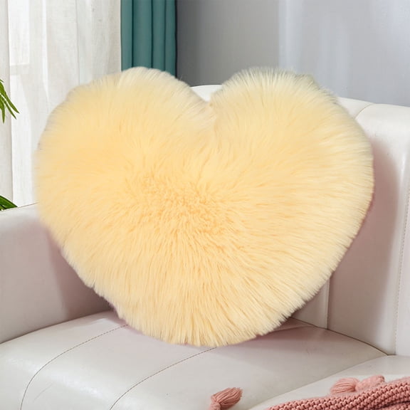 Heart Shaped Faux Wool Long Pile Throw Pillow - Yellow Decorative Gift for Gi-rls (15.7x11.8in)