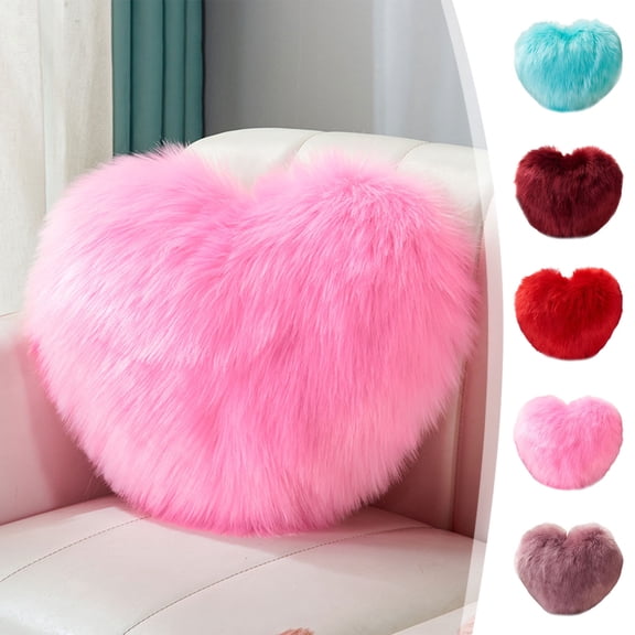 Heart-Shaped Faux Wool Throw Pillow, Plush Long-Pile Decorative Cushion 15.8"x11.8" | Soft Polyester, Multiple Colors | Sofa, Bed, Couch, Gift, Cozy Decor