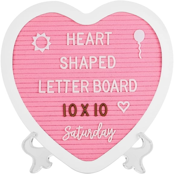 Heart-Shaped Felt Letter Board Message Sign,10x10 inches with 465 Changeable White&Golden Letters,Numbers,Cursive Words and Stand for Party,Pregnancy,Wall&Tabletop Decor (Pink)