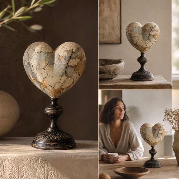 Heart Shaped Figurine Resin Desktop Sculpture with Base, Vintage Distressed Decor Tabletop Home Accent, Nostalgic Gift Ornament for Shelf Display