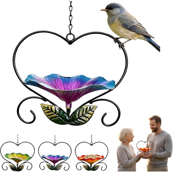 Heart-Shaped Flower Bird Feeder, Outdoor Hanging Bird Bath, Handmade Metal Butterfly Bee Water Bowl, for Backyard Garden Lawn Balcony Yard Decor