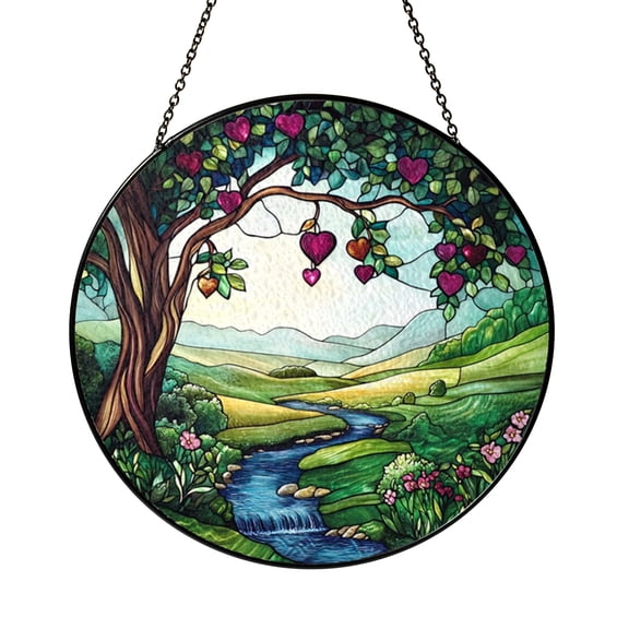 Heart Shaped Flower Scene Faux Stained Glass Window Hanging
