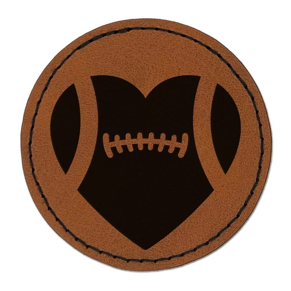 Heart Shaped Football Sports 2.5" Faux Leather Round Engraved Iron-On Patch - Brown