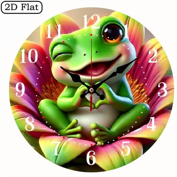 Heart Shaped Frog Flowers Cute Cartoon MDF Wood 10in Round Wall Clock, Silent Non-Ticking Battery Operated, Bright Fresh Spring Home Decor