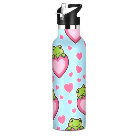 Heart Shaped Frog Sport Water Bottle for Kids Insulated with Straw for School Outdoor Daily Use