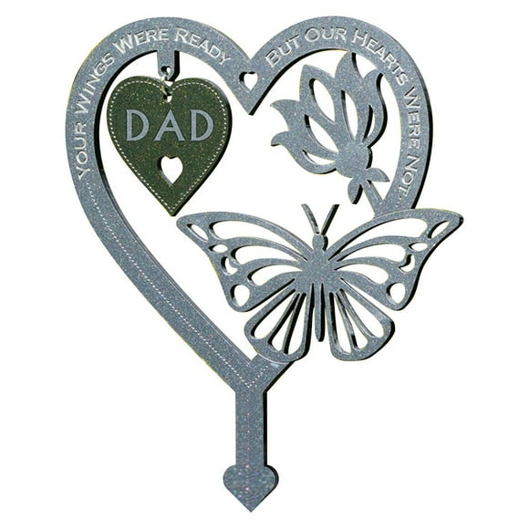 Heart-Shaped Garden Memorial Plaque with Butterfly Flowers, Weatherproof Zinc Outdoor Remembrance Marker for Family, Silver 16.7x13.7 Inches, Easy Install for Lawn Cemetery