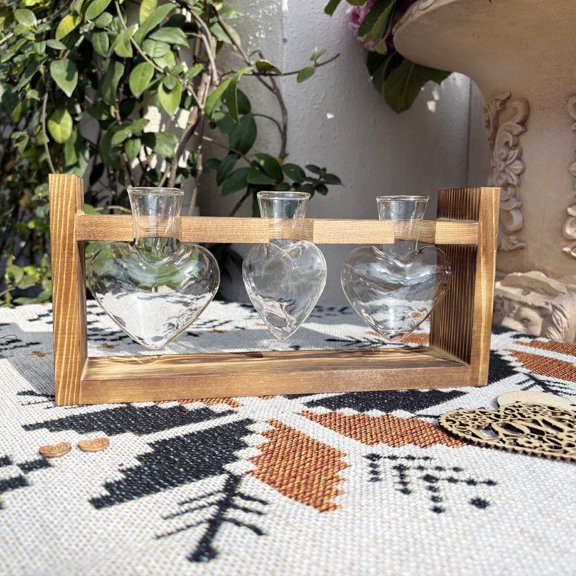 "Heart Shaped Glass Bottle Hydroponic Plant Set" Wind Wooden Bracket + Transparent Vase Creative Desktop Ornament Girl Birthday Green Plant Decoration - Plant Glass Container Kit Love Bulb Vase