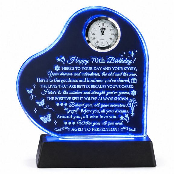 Heart-Shaped Glass Quartz Clock with Night Light, 70th Birthday Personalized 1955 Decor, Crystal