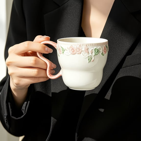Heart-Shaped Handle Floral Ceramic Mug Large Capacity Coffee Tea Cup for Home Office Party Gift