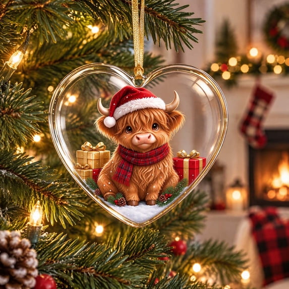 Heart Shaped Highland Cow Ornament 3.1 Inch Acrylic Christmas Hanging ...