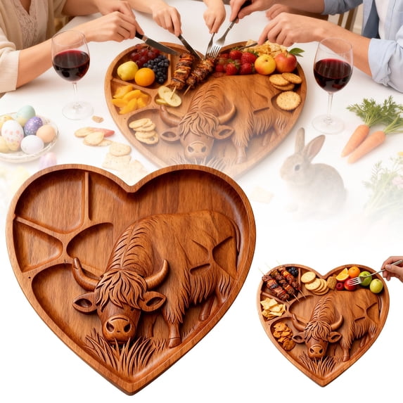 Heart Shaped Highland Cow Wooden Serving Tray, Engraved Charcuterie Board for Party, Divided Snack Platter for Cheese Fruit, Rustic Decorative Tray for Valentine’s Day, Birthday, Housewarming Gift