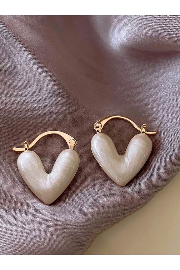 Heart-Shaped Hoop Earrings with Pearl-Like Finish, Multicolor, 1 Pair