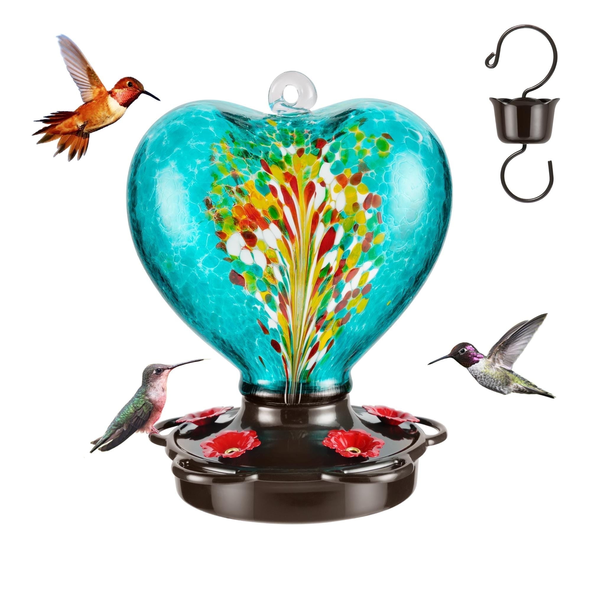 Heart Shaped Hummingbird Feeder for Outdoors Hanging, Hand Blown Glass, 28 fl.oz, Leak Proof & Rustproof, Includes Ant Moat, Stylish Garden, Outside & Backyard Decor, Gift for Bird Lovers, Purple