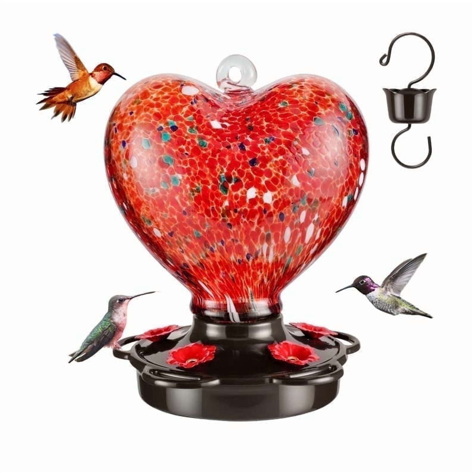 Heart Shaped Hummingbird Feeder for Outdoors Hanging, Hand Blown Glass, 28 oz, Leak Proof & Rustproof, Perfect Gift for Bird Lovers - Red