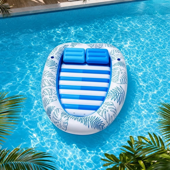 Heart Shaped Inflatable Pool for 2 Adults, PVC Water Float with Headrests Palm Leaf Print