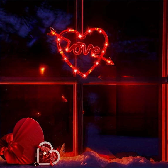 Heart Shaped LED Curtain Lights with Suction Cups - USB Rechargeable Battery Powered, 10FT for Valentine‘s Day, Proposal & Wedding Room Decor Red