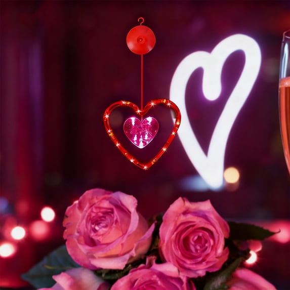 Heart Shaped LED Curtain Lights with Suction Cups - USB Rechargeable Battery Powered, 10FT for Valentine‘s Day, Proposal & Wedding Room Decor Red