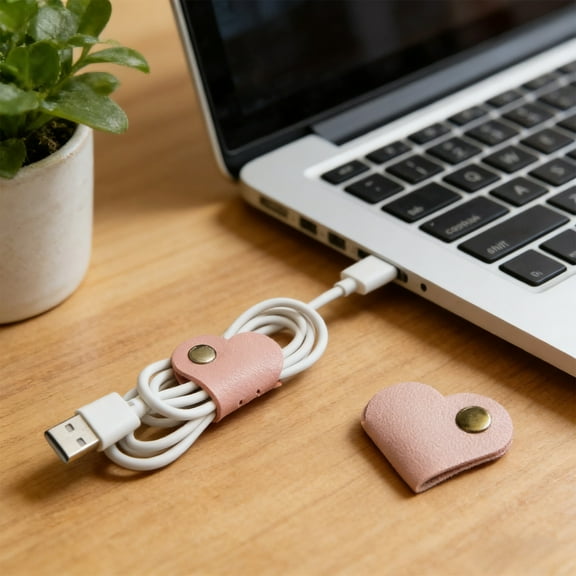 Heart-Shaped Leather Cable Organizer, Portable Headphone Cord Protector, Data Cable Strap for Earphones and Chargers, Durable Travel Accessory, Compact Cord Management Solution