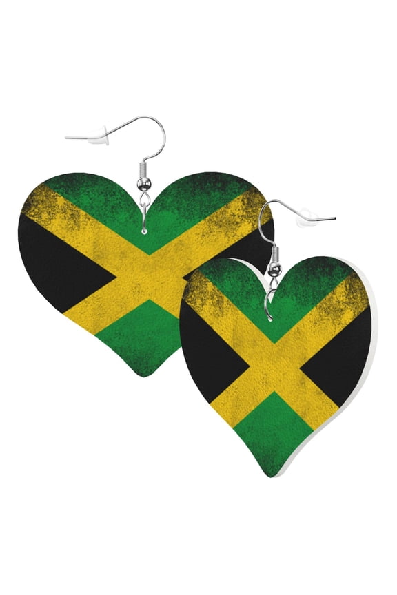 Heart Shaped Leather Earrings Jamaica Flag Jamaican Print Leather Earrings Jewelry Gifts For Women