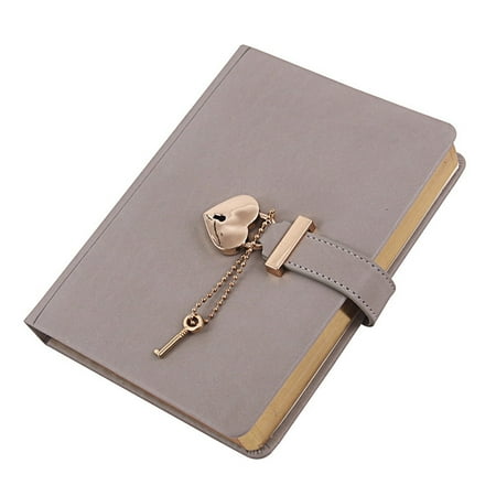 Heart Shaped Lock Diary with Key, Boriyuan PU Leather Cover Journal Personal Organizers Secret Notebook for Women, B6 Size 5.3x7 inch, Gray