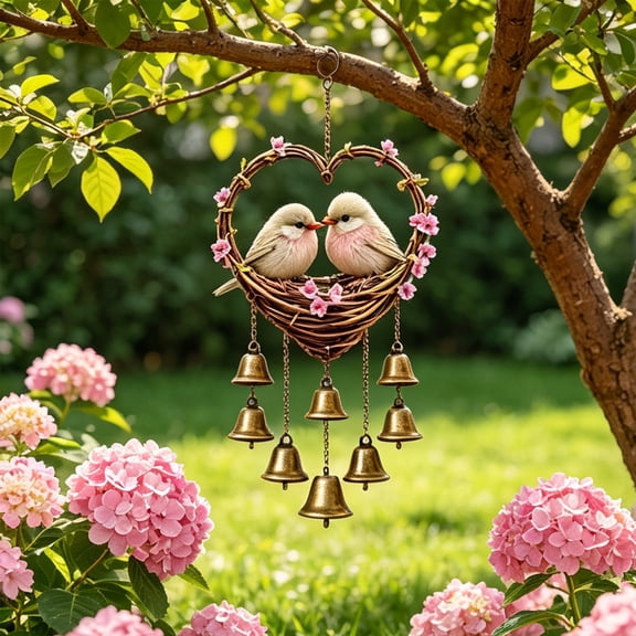 Heart Shaped Love Bird Acrylic Wind Chime, Melodic Weather Resistant Easy Mount Romantic Hanging Ornament, Sentimental Decor Gift for Patio Window Wedding Anniversary Housewarming