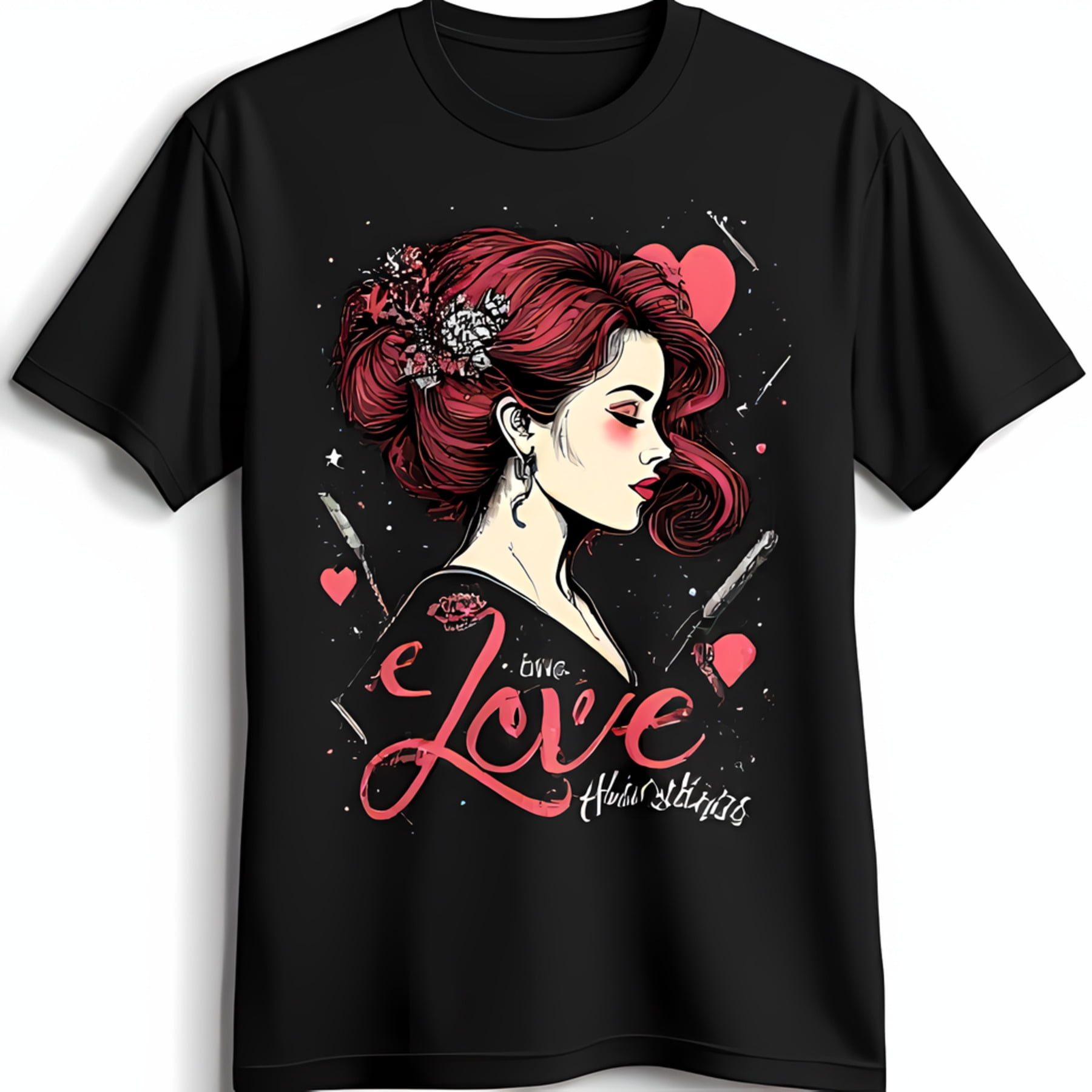 Heart Shaped Love Graphic Black T-Shirt with Sparkling Stars for ...