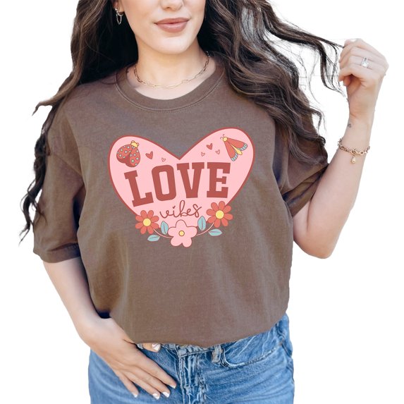 Heart Shaped Love Vibes Floral Art, Espresso Comfort Colors T-Shirt, Medium