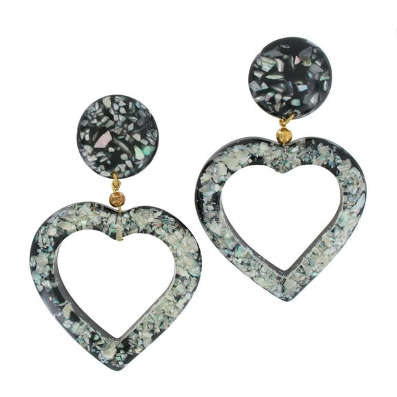 Heart Shaped Marbled Black Mother Of Pearl Lucite Dangle Pierced Earrings 2 3/4" Ladies Adult Female Women