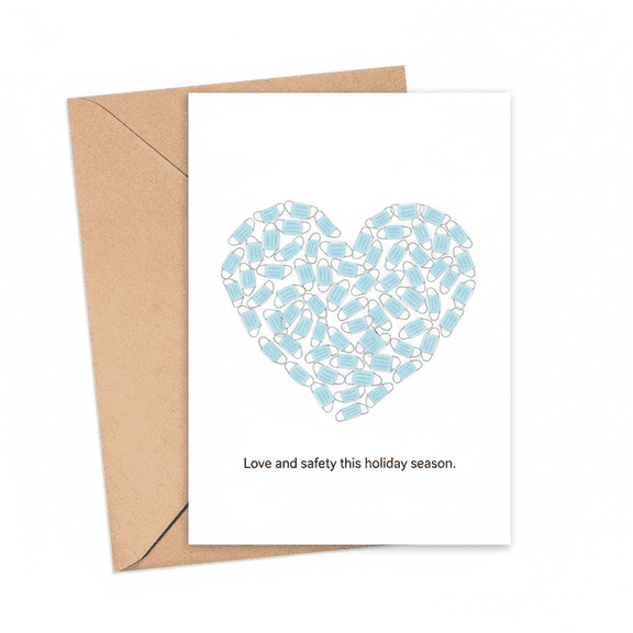 Heart-Shaped Mask Design Holiday Card "Love and Safety" Message Envelope Included, Blank Inside Perfect Greeting for Friends and Family