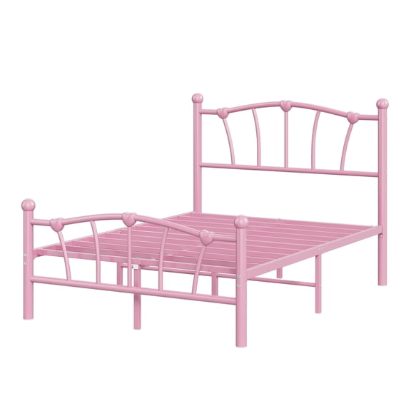 Heart-Shaped Metal Bed Frame - Full Size Platform for Girls - Sturdy Noiseless Slats - No Box Spring Needed - Easy Assembly - Pink, FULL