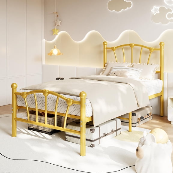 Heart-Shaped Metal Bed Frame – White Platform Bed with Headboard & Footboard Underbed Storage Space, No Box Spring Needed