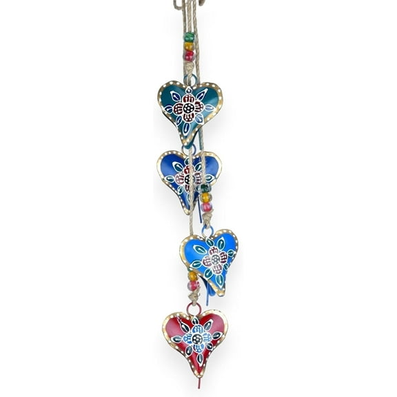 Vivanta Heart-Shaped Metal Bell Chime 33" Hanging Wind Chime with 4 Hand-Painted Bells for Vintage and Christmas Dcor
