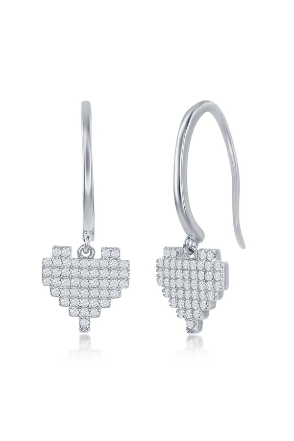 Heart-Shaped Micro Pave Simulated Diamond CZ Lever-back Dangling Earrings Silver/14k Gold Plated Sterling Silver Valentines Jewelry for Women or Teens-Silver